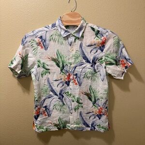 Men’s Large Tommy Bahama 100% Linen White Multicolor Hawaiian Floral Shirt